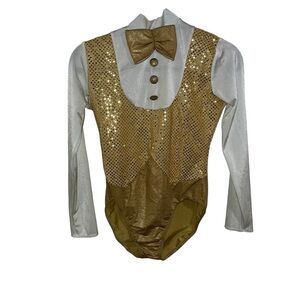 Art stone dance costume leotard dancewear gold sequins bow tie adult small e329
